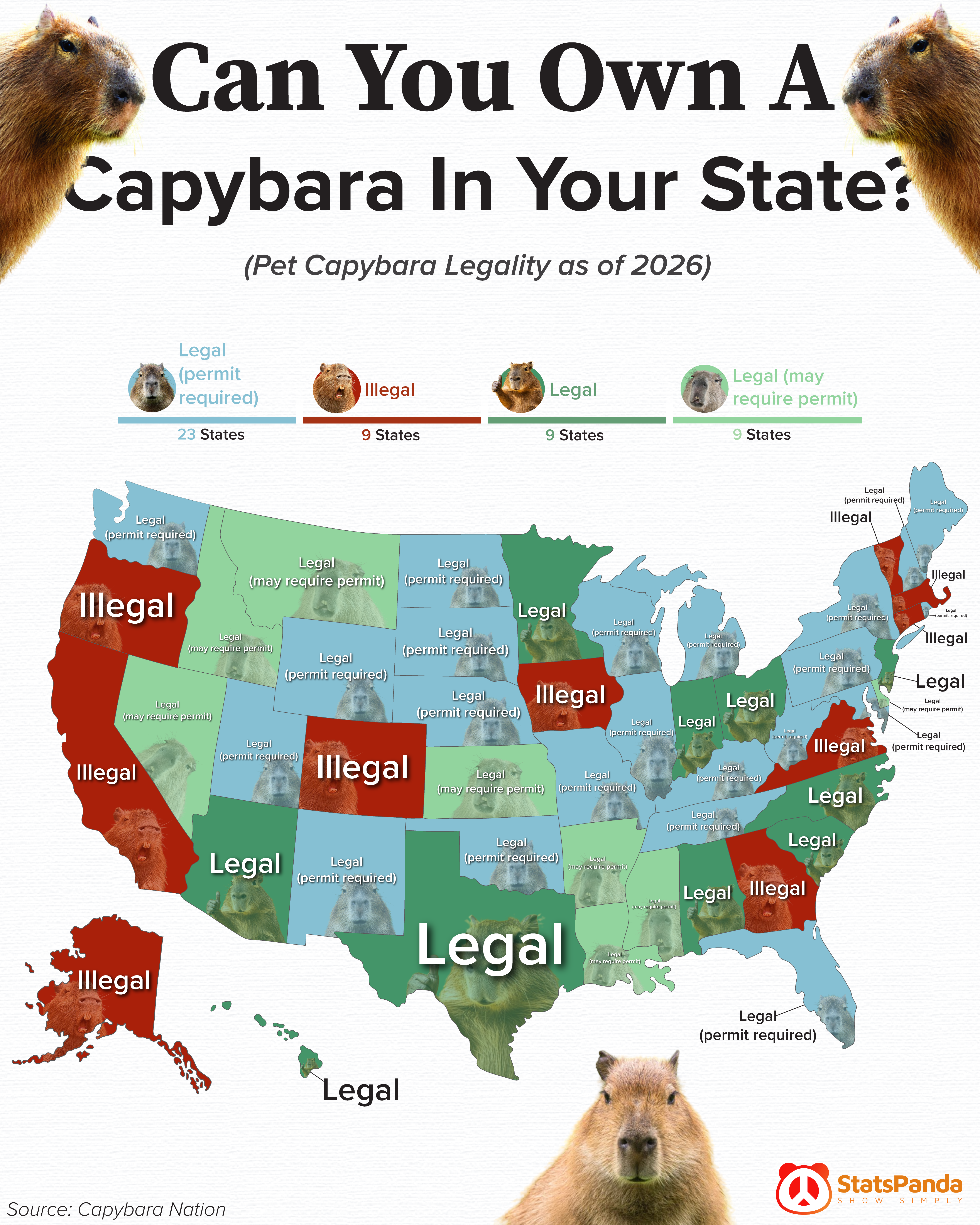 Map showing the legal status of capybara ownership across the United States